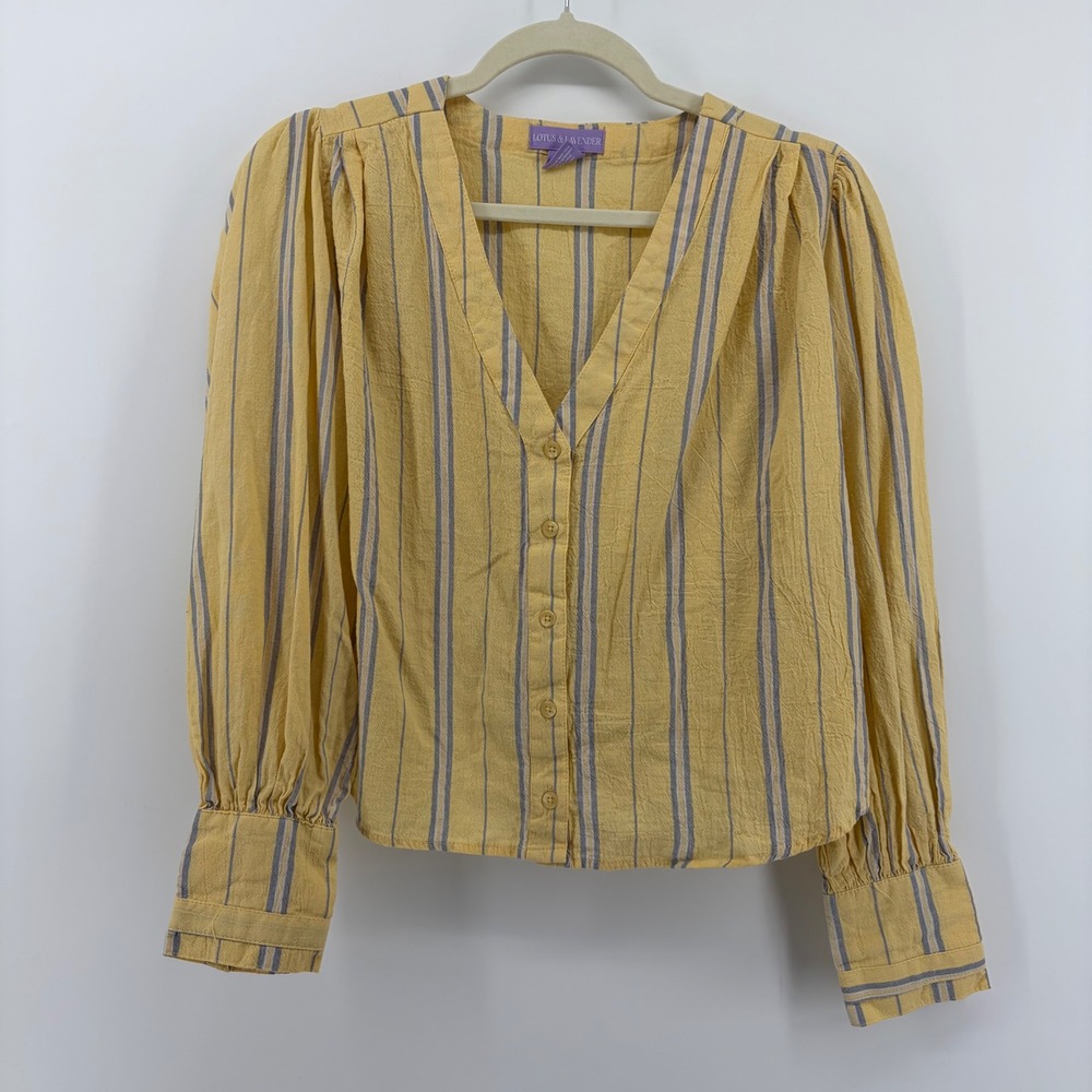 Lotus & Lavender Yellow Striped Cotton Button Front Tie Back Blouse Large
